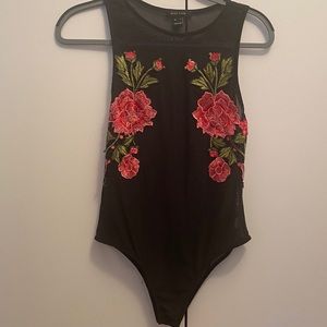 Mesh bodysuit with floral embroidery